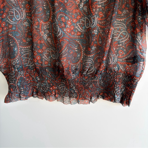 Pleione 100% Silk Paisley Smocked Waist Blouse Large Nordstrom Boho Peplum Top - Picture 7 of 13